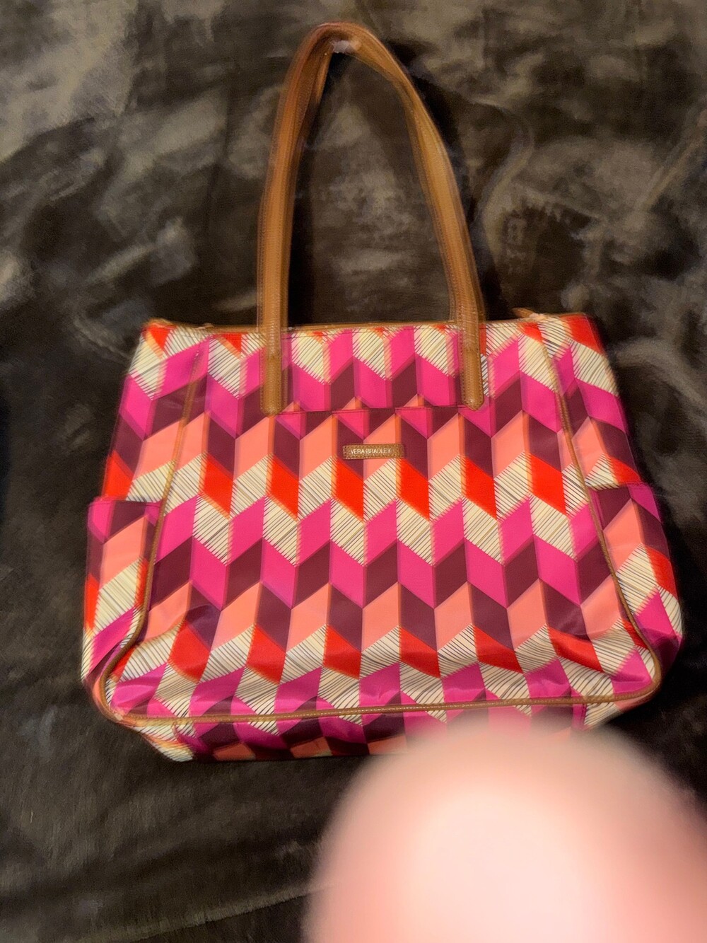 Vera Bradley Tote Bag Pink Geometric Pattern Brown Leather Handles